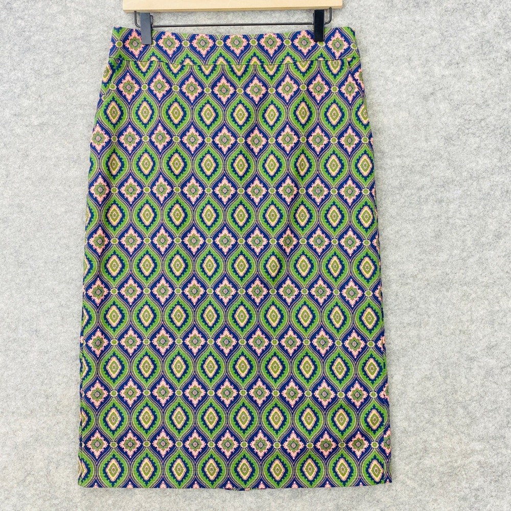 Boden Womens Green Geometric Midi Skirt Size 8 Cotton Pencil Pockets Retro Mod